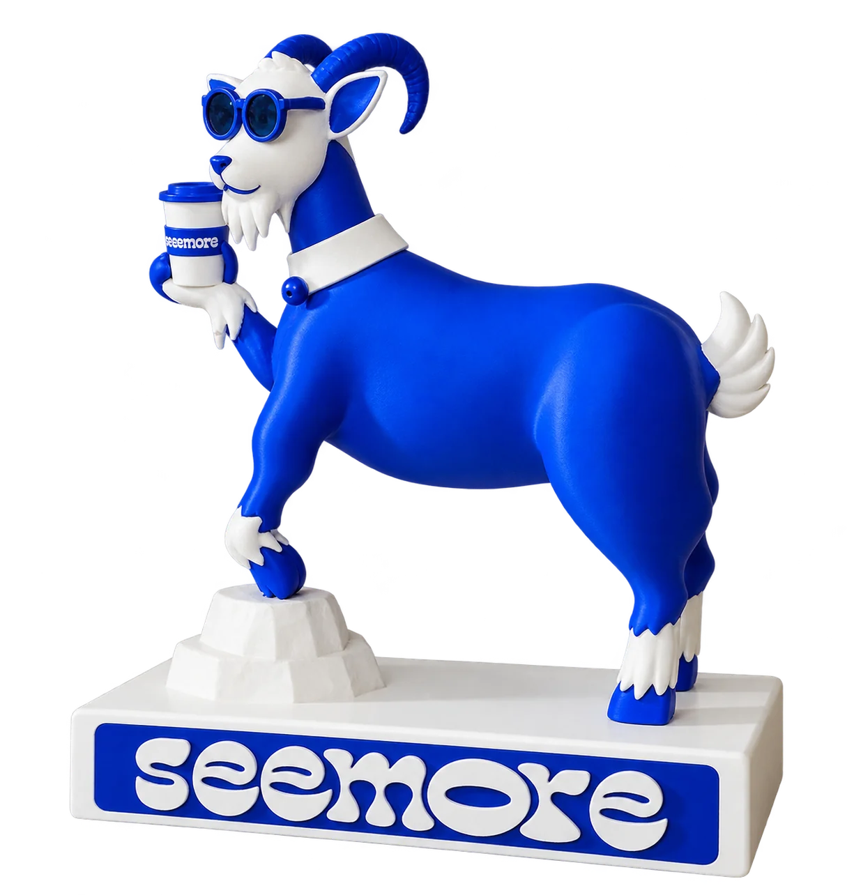 The blue seemore goat statue with sunglasses, holding a coffee cup, standing on its seemore pedestal