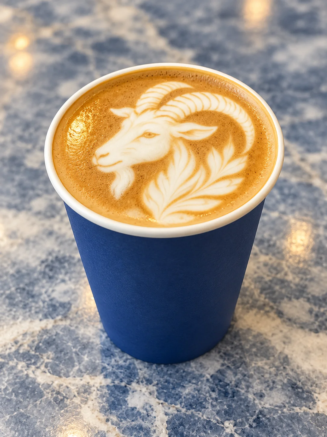 Goat-shaped latte art in a cobalt-blue coffee cup on a marble café counter